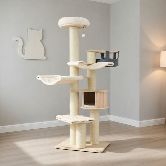 Pefilos 77" Modern Cat Tree Tower for Indoor Cats, Large Wood Cat Condo with Scratching Post and Removable Pads for Small Large Cats, Beige