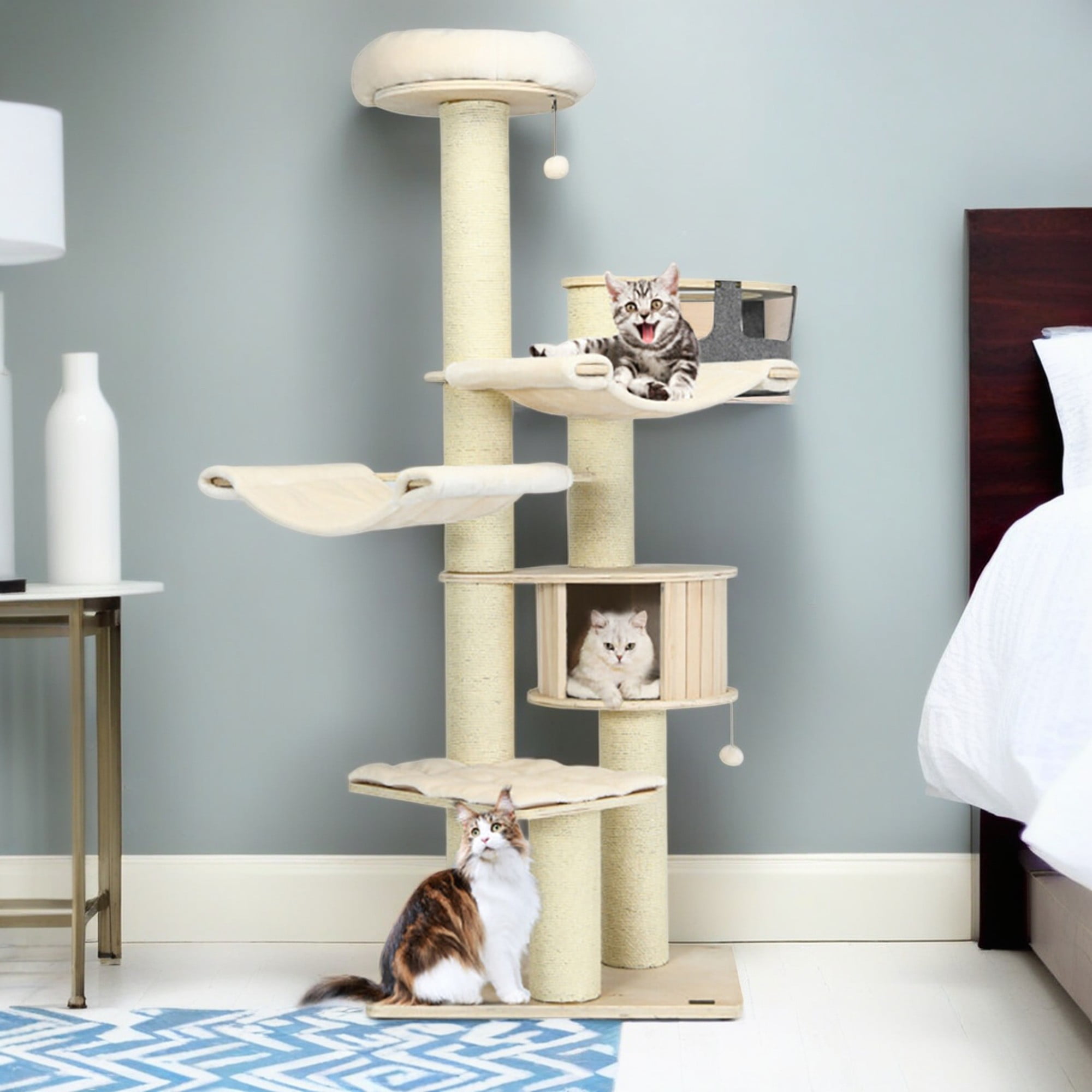 Pefilos 77" Wood Cat Tree Tower for Indoor Cats, Multi-Level Cat Condo with Scratching Posts, Perch, Washable Removable Cushions, Cat Furniture, Beige Pefilos 77" Wood Cat Tree Tower for Indoor Cats, Multi-Level Cat Condo with Scratching Posts, Perch, Washable Removable Cushions, Cat Furniture, Beige