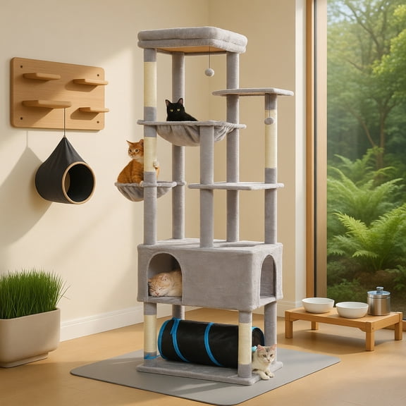 Pefilos 78" Cat Tree for Large Cats, Heavy-Duty Maine Coon Tower with 5 Oversized Hammocks, Spacious Condo, Bottom Play Tunnel & Natural Sisal Scratching Posts, Gray