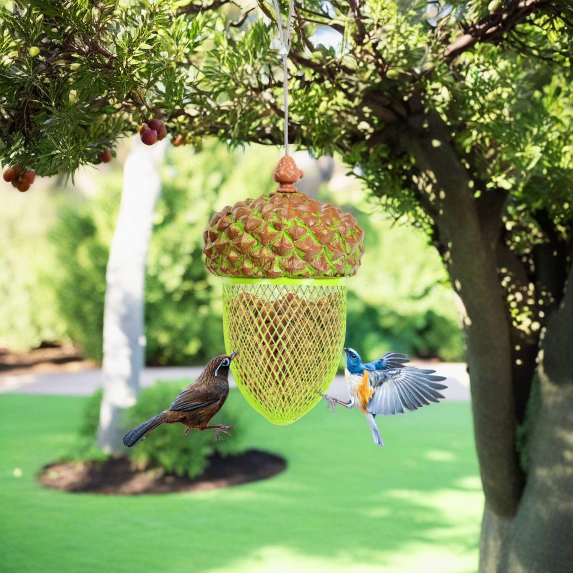 Pefilos 8.5" Metal Bird Feeder, Outdoor Hanging Multifunctional Acorn Wild Bird Feeder Box, Food Dispenser for Garden Yard, Easy to Clean and Fill, Brown