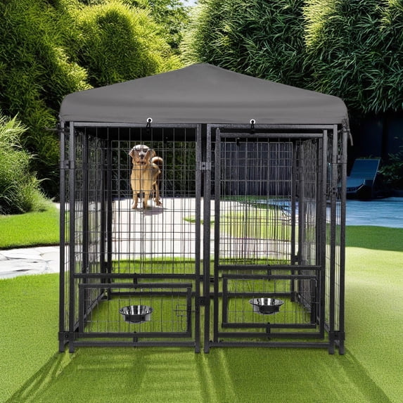 Pefilos 8-Panel Dog Kennel Heavy Duty Metal Dog Playpen, Pet Puppy Playpen with Rotating Feeding Door, Outdoor Backyard Dog Fence, Gray