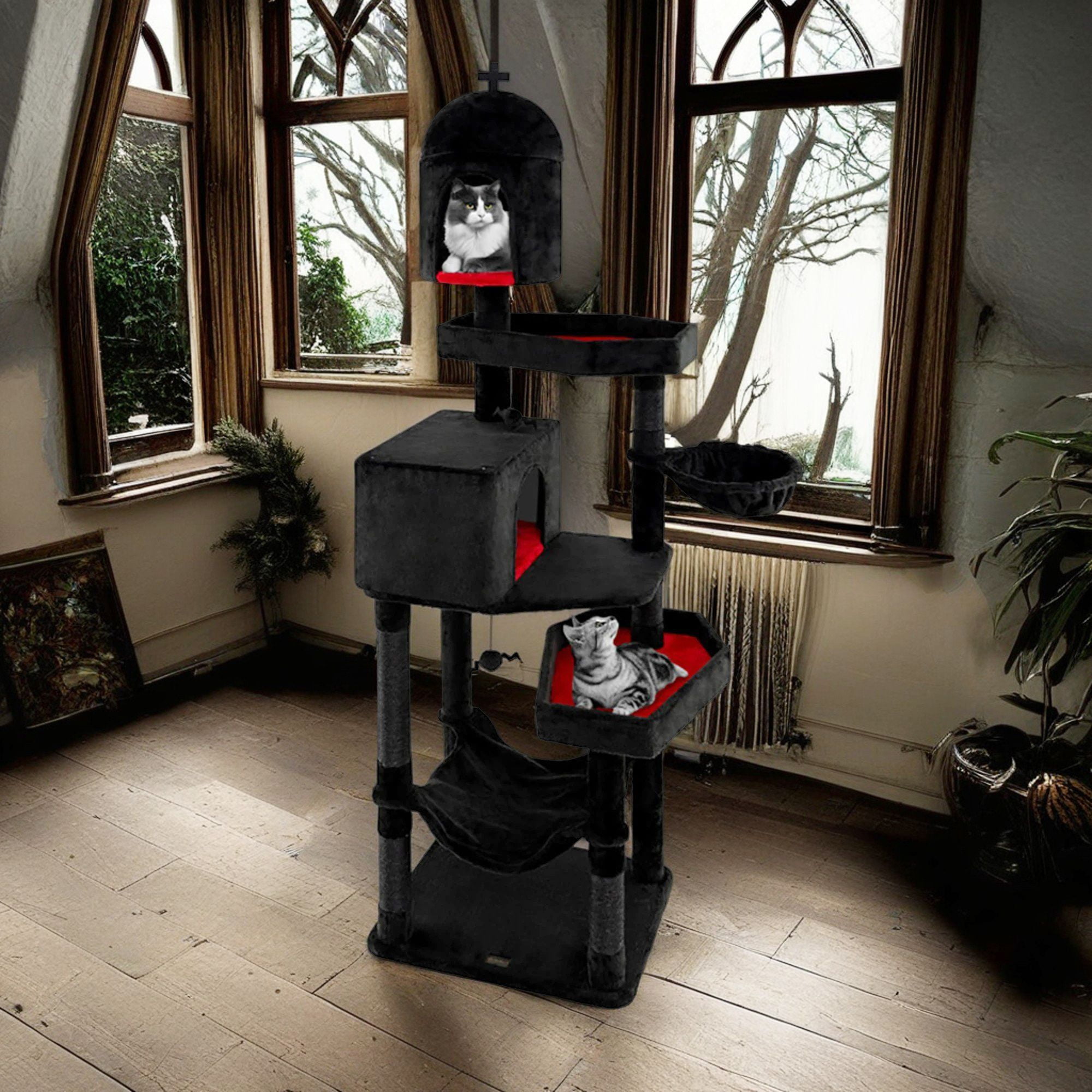 Pefilos 80" Gothic Cat Tree with Coffin Bed, Cat Tower with Scratching Post and Cat Condo, Cat Tree House with Hammock, for Small Medium Cats, Black Pefilos 80" Gothic Cat Tree with Coffin Bed, Cat Tower with Scratching Post and Cat Condo, Cat Tree House with Hammock, for Small Medium Cats, Black