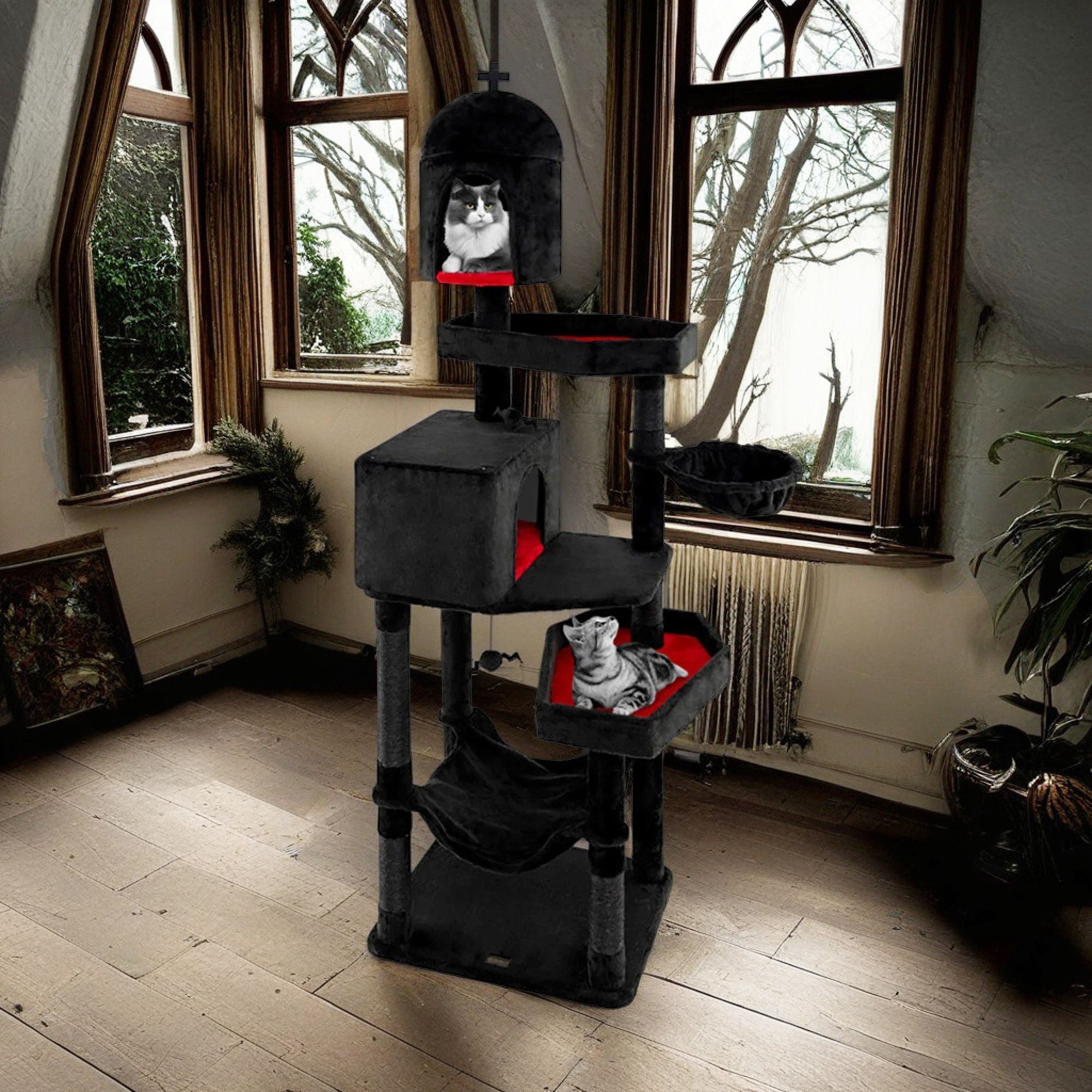 Pefilos 80" Gothic Cat Tree with Coffin Bed, Cat Tower with Scratching Post and Cat Condo, Cat Tree House with Hammock, for Small Medium Cats, Black