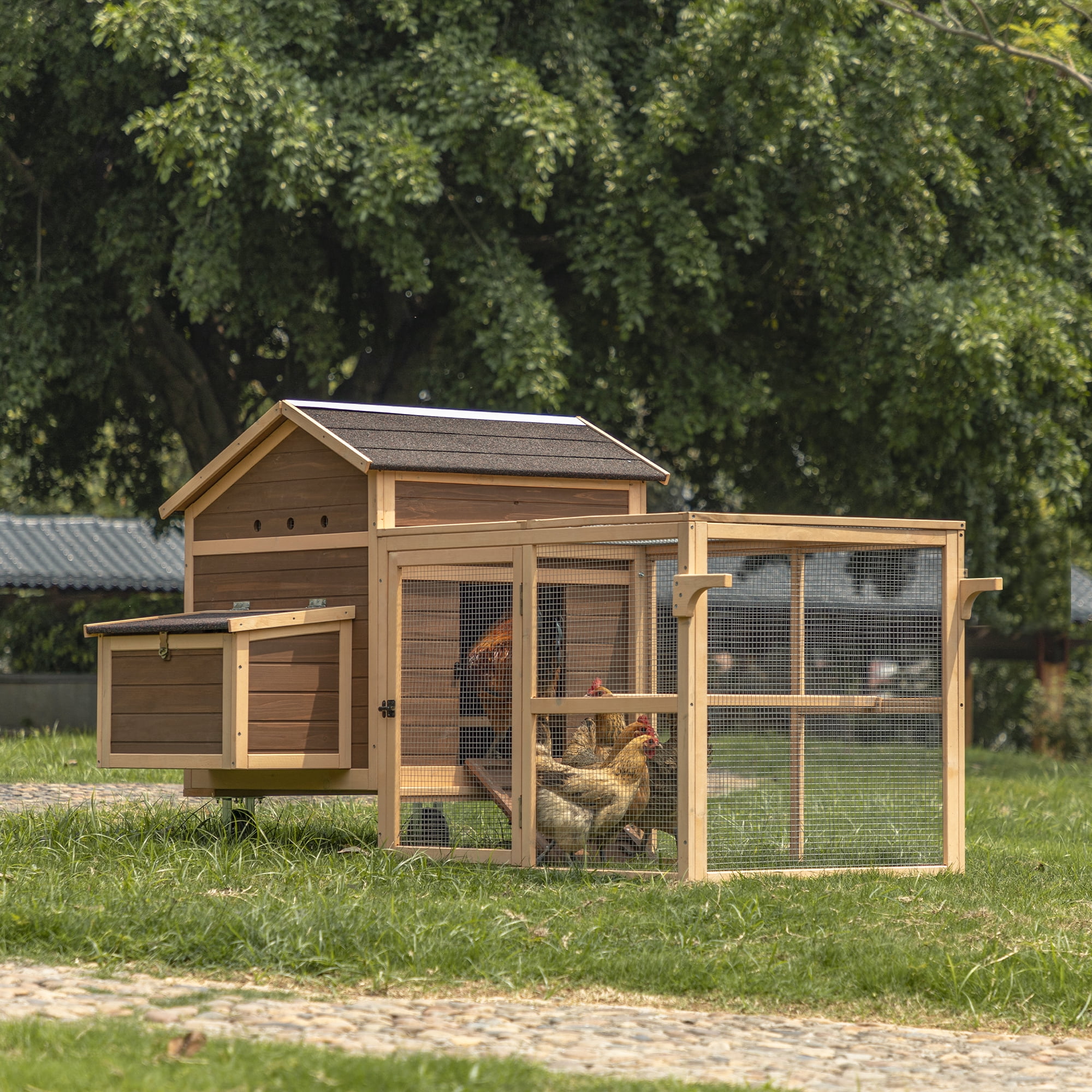Pefilos 80" Rabbit Hutches with Wheels and Handrails, Outdoor Hen House with Nesting Box, Rabbit Cages for Removable Bottom, Poultry Cage, Brown Pefilos 80" Rabbit Hutches with Wheels and Handrails, Outdoor Hen House with Nesting Box, Rabbit Cages for Removable Bottom, Poultry Cage, Brown