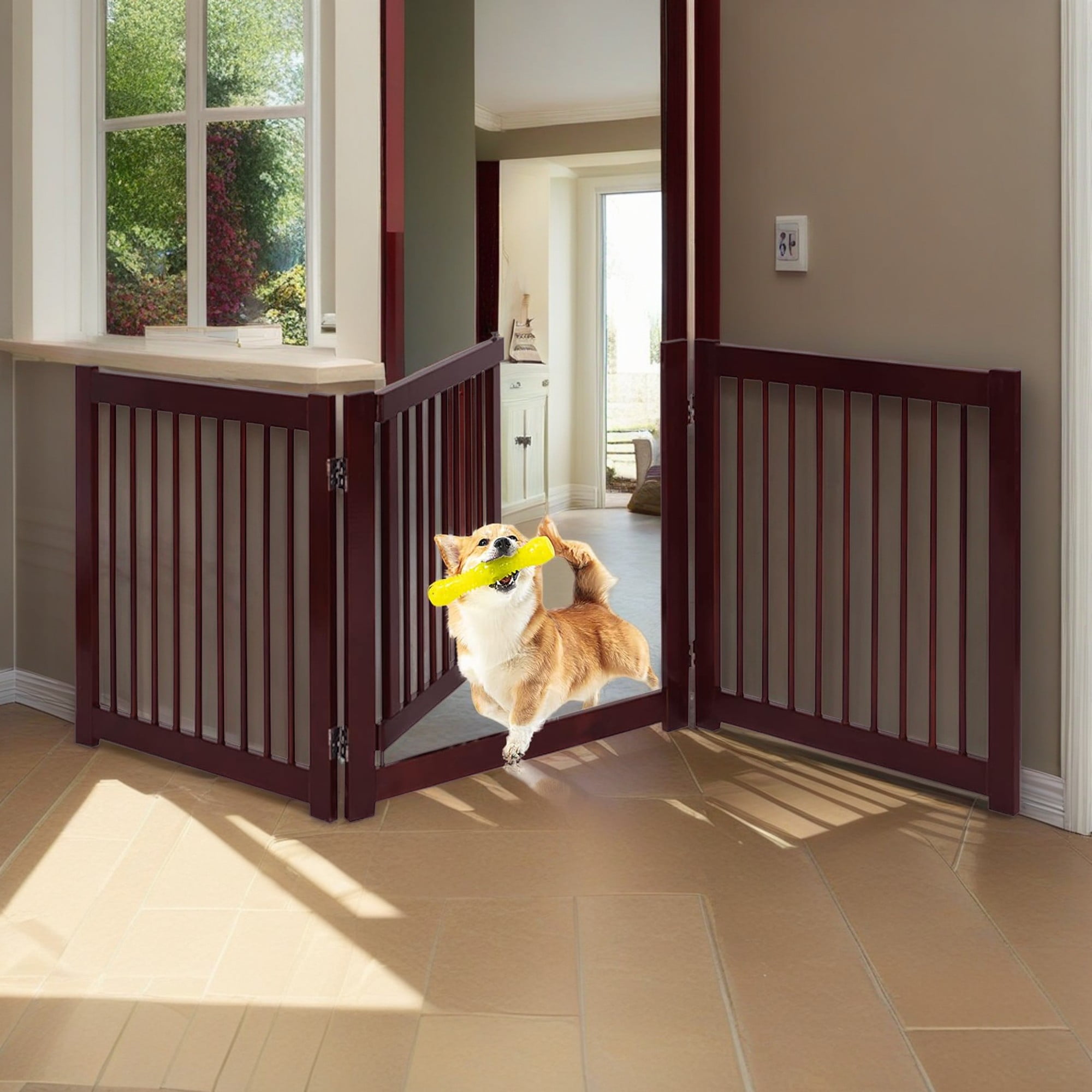 Pefilos 81" 3 Panel Freestanding Pet Gate Wooden Folding Fence for Doorways, Stairs Step Over Divider for Dogs and Puppies, Brown