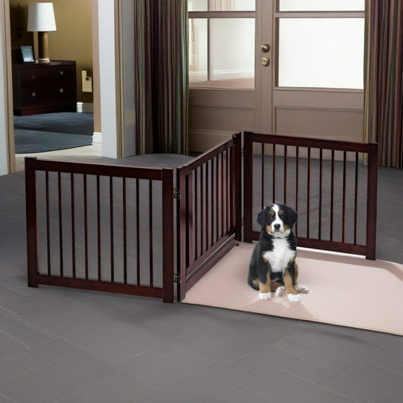 Pefilos 81" 3 Panel Wooden Folding Fence Freestanding Pet Gate, Stairs Step Over Divider for Dogs and Puppies, Brown
