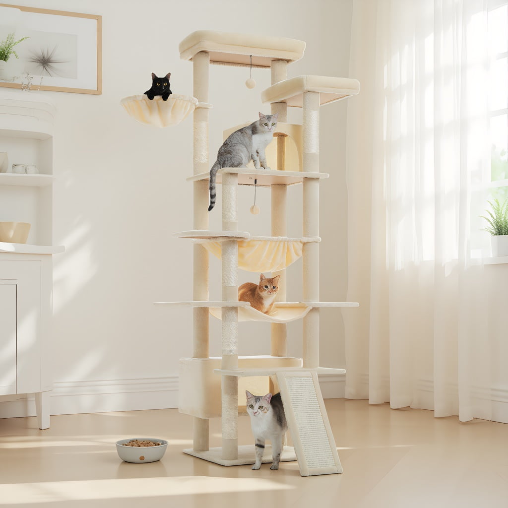 Pefilos 81" Tall Cat Tree for Indoor Cats, Multi-Level Cat Tower with Metal Frame Hammock, Scratching Ramp, 2 Top Perches, 2 Cozy Condos & 6 Scratching Posts, Beige