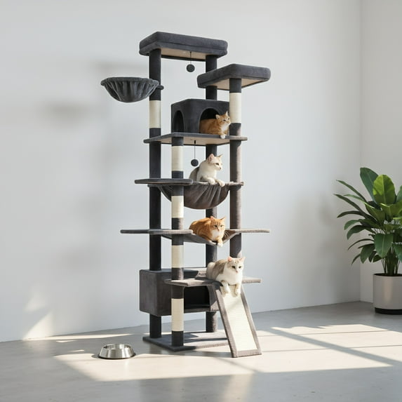 Pefilos 81" Tall Cat Tree for Indoor Cats, Multi-Level Cat Tower with Metal Frame Hammock, Scratching Ramp, 2 Top Perches, 2 Cozy Condos & 6 Scratching Posts, Dark Gray