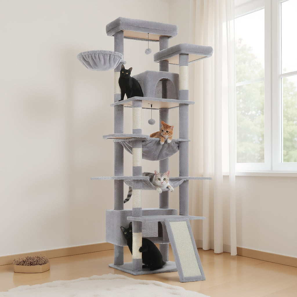 Pefilos 81" Tall Cat Tree for Indoor Cats, Multi-Level Cat Tower with Metal Frame Hammock, Scratching Ramp, 2 Top Perches, 2 Cozy Condos & 6 Scratching Posts, Gray