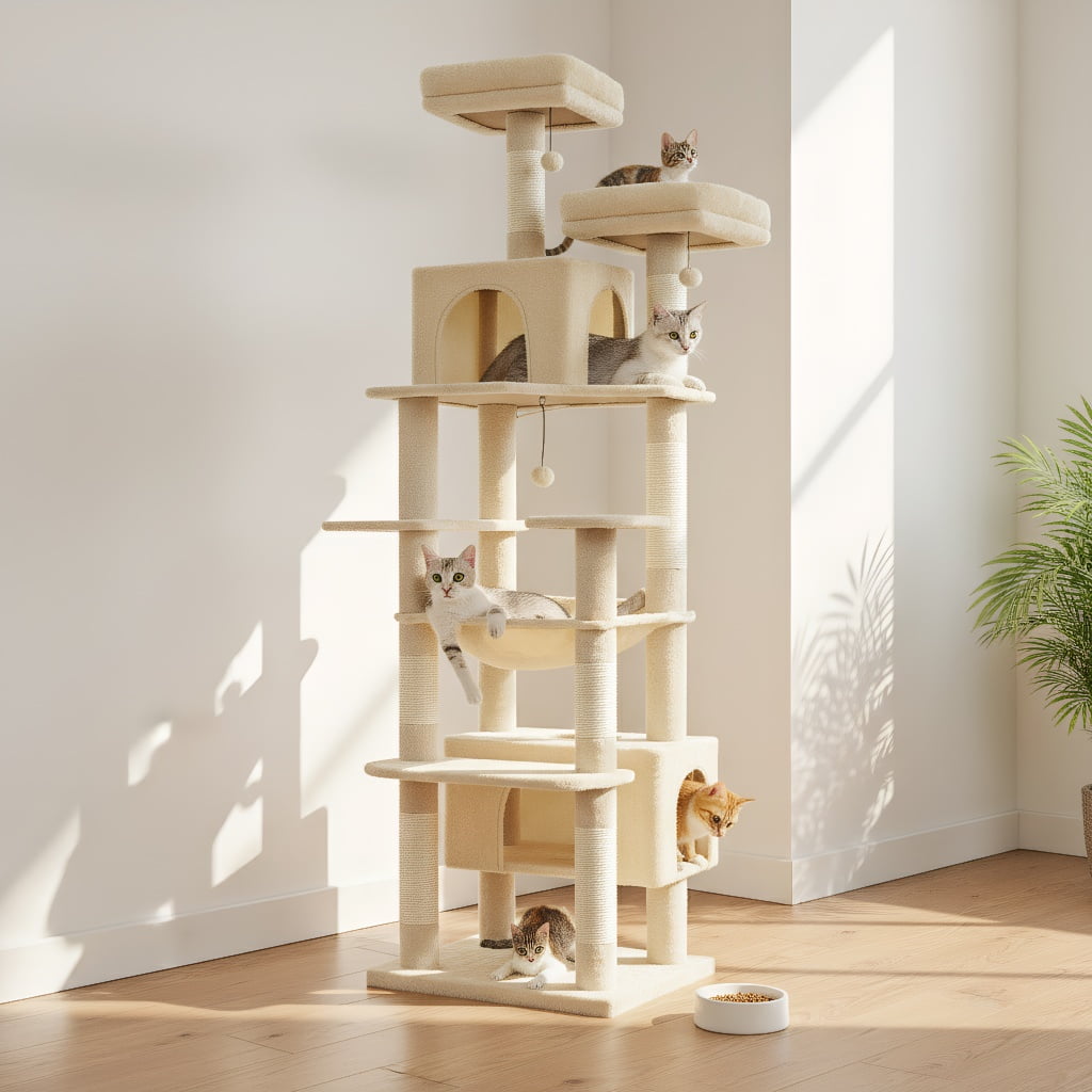 Pefilos 81" Tall Cat Tree for Large Cats, Heavy Duty Cat Tower with 2 Perches, 2 Condos and Spacious Hammock, Large Condo with 7 Scratching Posts, Beige