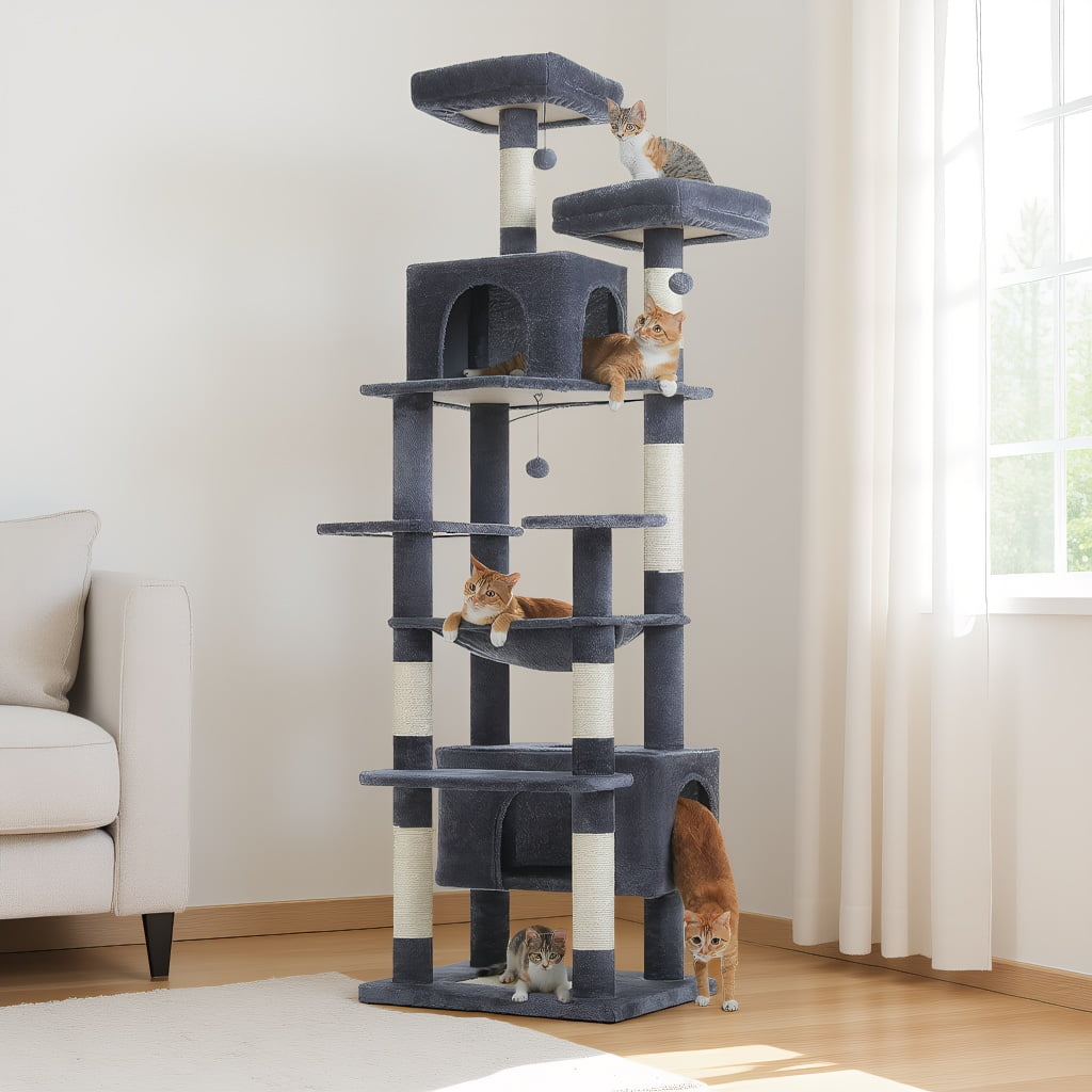 Pefilos 81" Tall Cat Tree for Large Cats, Heavy Duty Cat Tower with 2 Perches, 2 Condos and Spacious Hammock, Large Condo with 7 Scratching Posts, Dark Gray