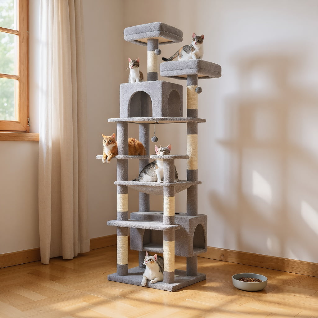 Pefilos 81" Tall Cat Tree for Large Cats, Heavy Duty Cat Tower with 2 Perches, 2 Condos and Spacious Hammock, Large Condo with 7 Scratching Posts, Gray
