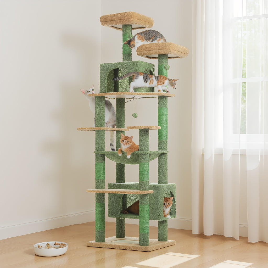 Pefilos 81" Tall Cat Tree for Large Cats, Heavy Duty Cat Tower with 2 Perches, 2 Condos and Spacious Hammock, Large Condo with 7 Scratching Posts, Green