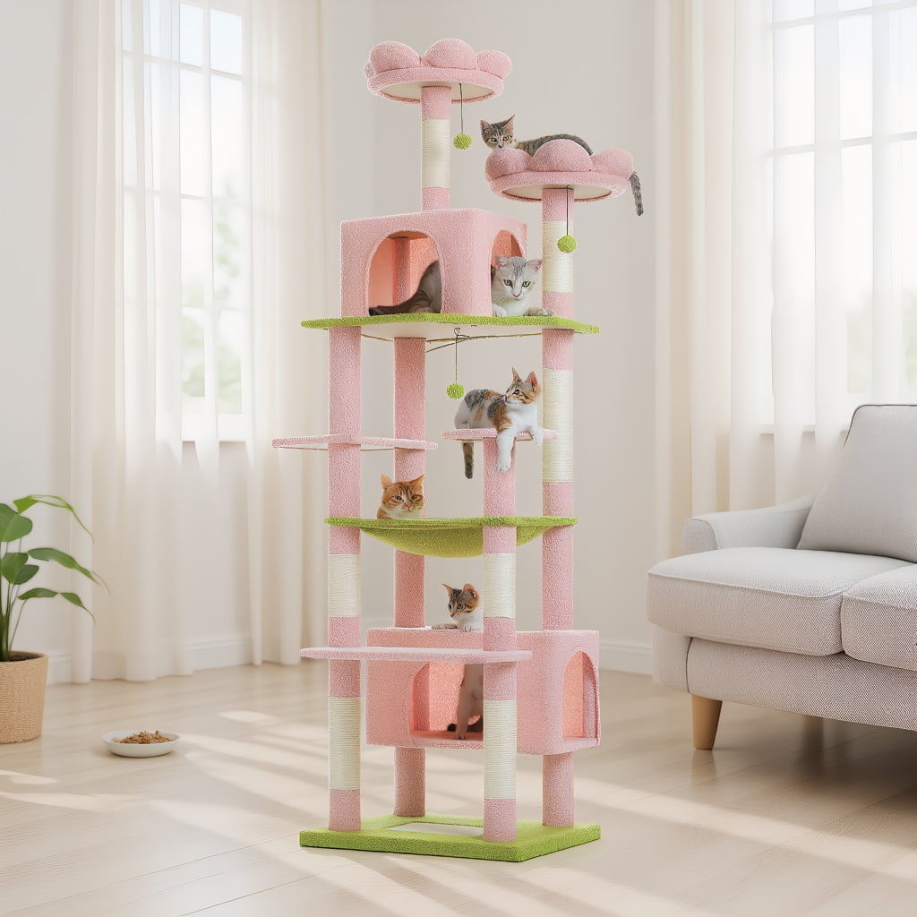 Pefilos 81" Tall Cat Tree for Large Cats, Heavy Duty Cat Tower with 2 Perches, 2 Condos and Spacious Hammock, Large Condo with 7 Scratching Posts, Pink