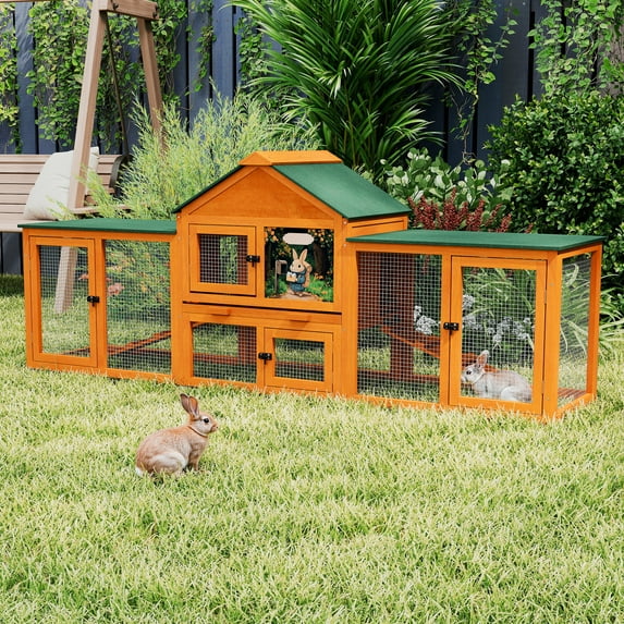 Pefilos 83" Large Rabbit Hutch Indoor and Outdoor Wood Bunny Cage with A Tray and Runs for Small Animals, Chicken Coops Nesting Box, Orange