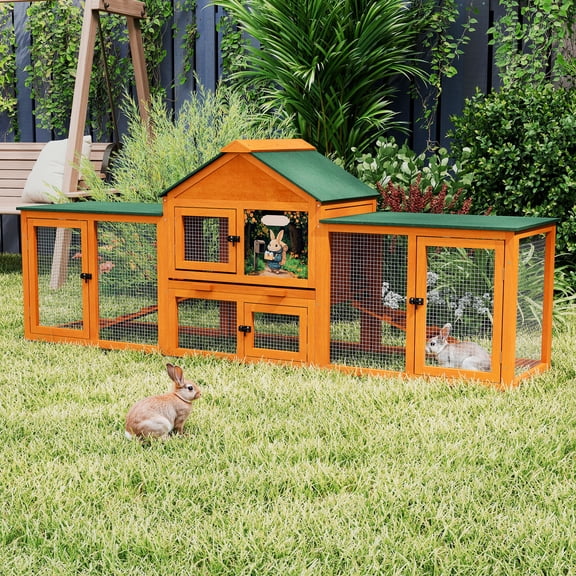 Pefilos 83" Large Rabbit Hutch Indoor and Outdoor Wood Bunny Cage with A Tray and Runs for Small Animals, Chicken Coops Nesting Box, Orange