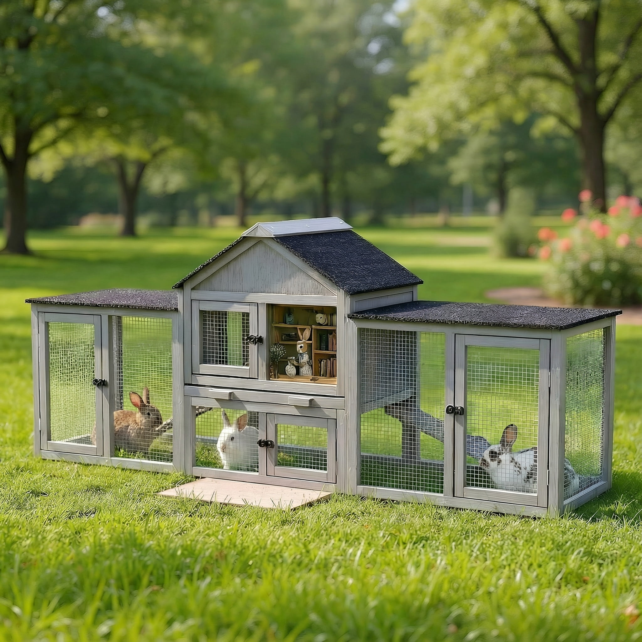 Pefilos 83" Large Rabbit Hutch, Outdoor Hen House with Tray and Climb Ramp, Wood Bunny Cage Chicken Coops Nesting Box for Small Animals, Gray