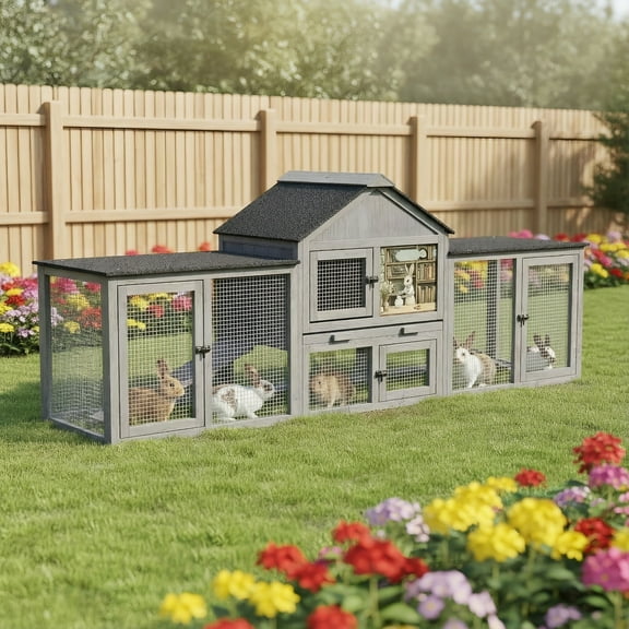 Pefilos 83" Large Rabbit Hutch, Outdoor Wooden Chicken Coops, Indoor Bunny Cage for Small Animals Pet House, Gray