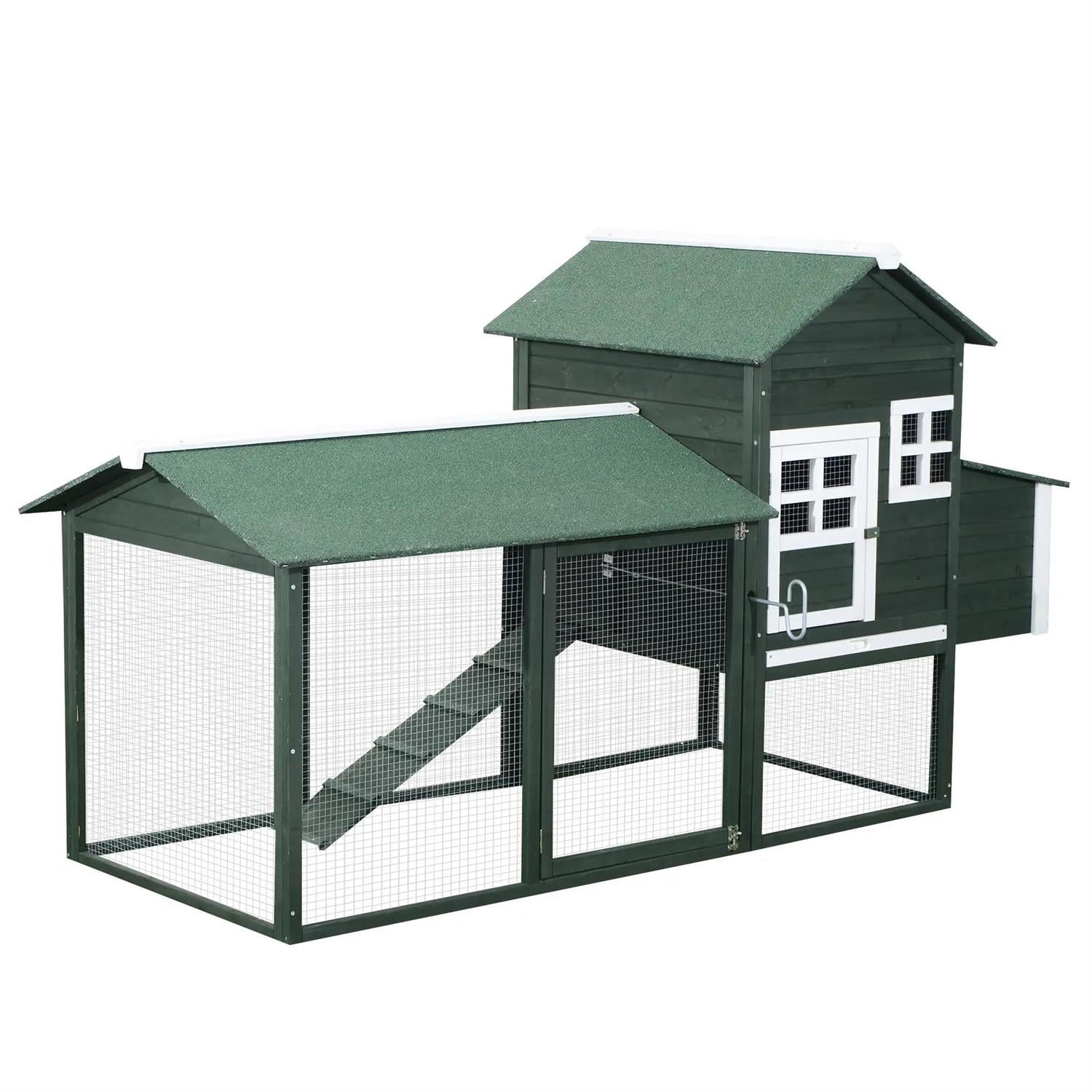 Pefilos 84" Chicken Coop Rabbit Hutch, Outdoor Wooden Poultry Cage Hen House with Nesting Box, Enclosed Run, Removable Tray for Garden Backyard, Green