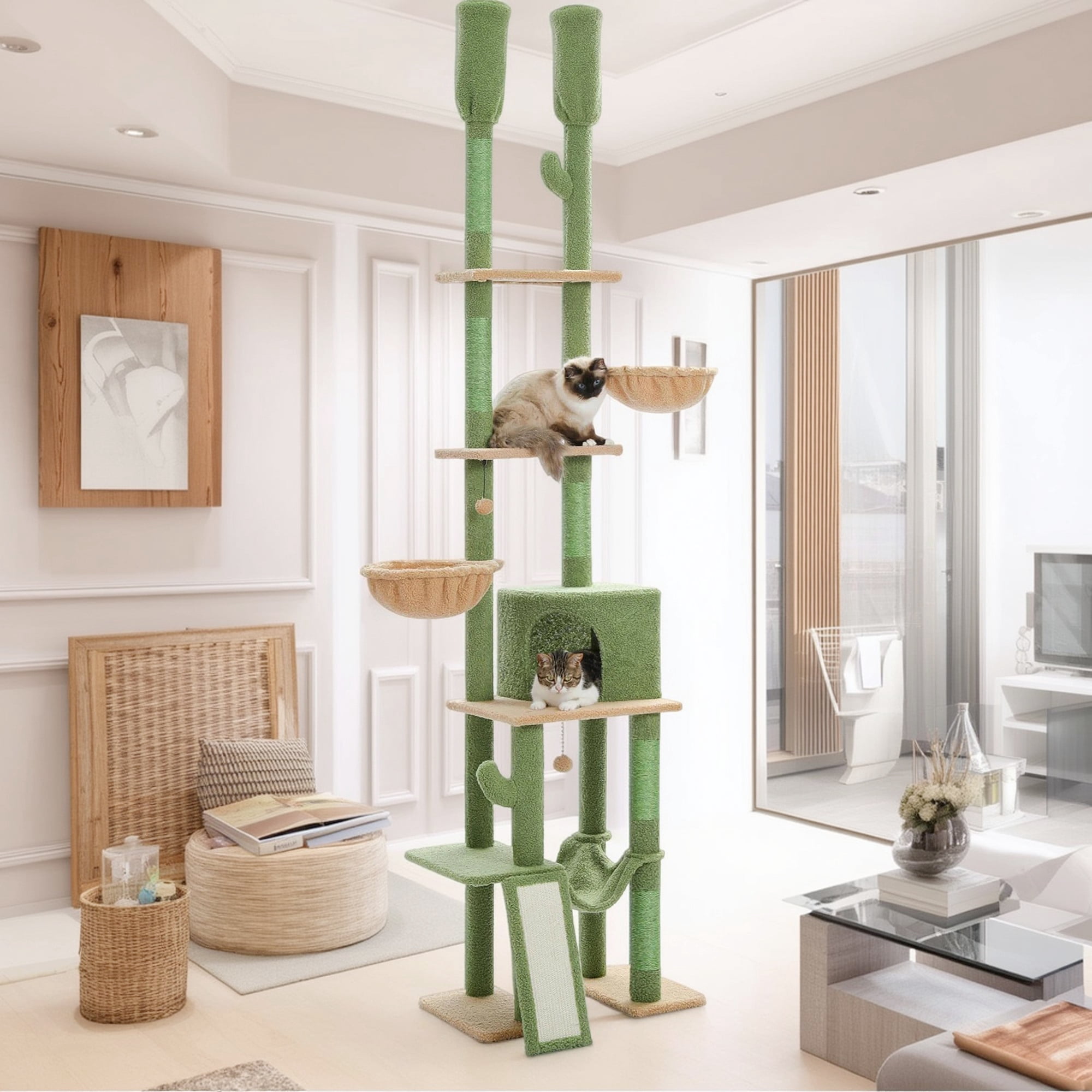 Pefilos 85"-112" Height Adjustable Cat Tree Tower Tall Kitty Climbing Play House Floor to Ceiling Cat Tree for Indoor with Cozy Cat Condo, Green