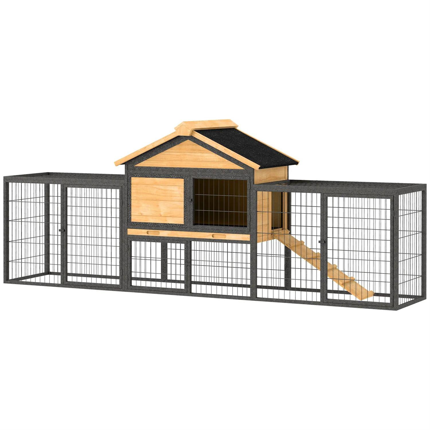 Pefilos 85" Wood Rabbit Hutch, Guinea Pig Cage with Removable Plastic Tray, Asphalt Roof, Bunny House for Small Animals Outdoor Indoor, Yellow