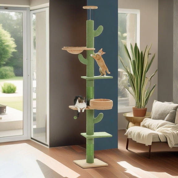 Pefilos (87"-100") Height Adjustable Floor to Ceiling Cat Tree, 5 Levels Cactus Cat Tower with Cat Perch and Hammock, Cat Climbing Activity Center, Green
