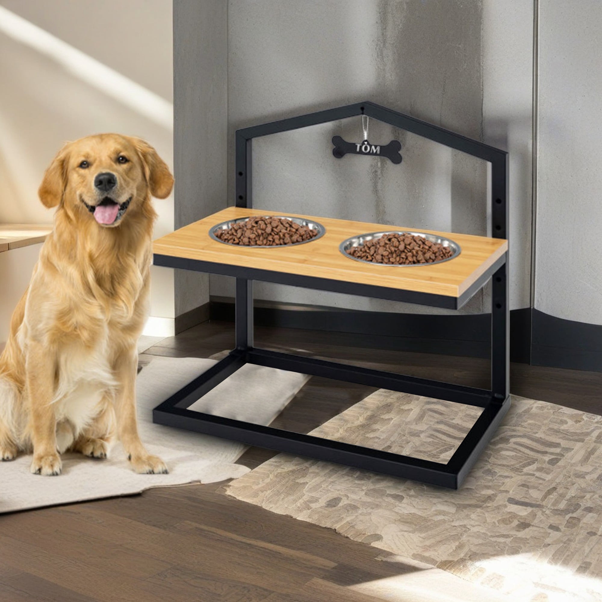 Pefilos 9"-17" Elevated Pet Feeder with 2 Stainless Steel Dog Bowls for Feeding Small Medium Dogs Cats Puppies, Beige