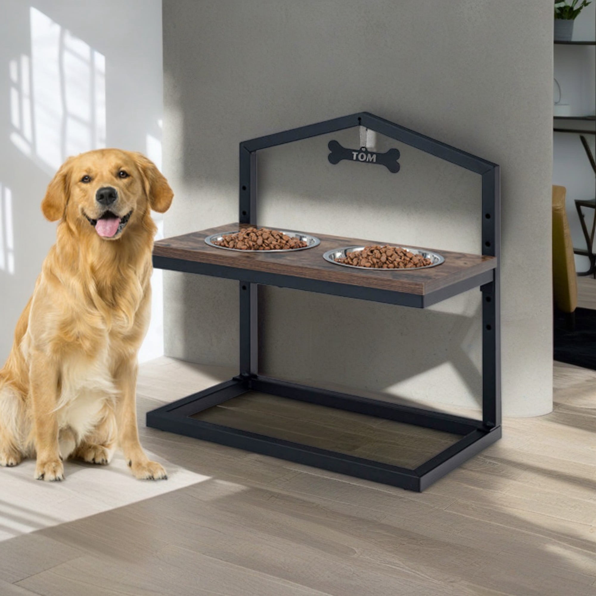 Pefilos 9"-17" Elevated Pet Feeder with 2 Stainless Steel Dog Bowls for Feeding Small Medium Dogs Cats Puppies, Brown