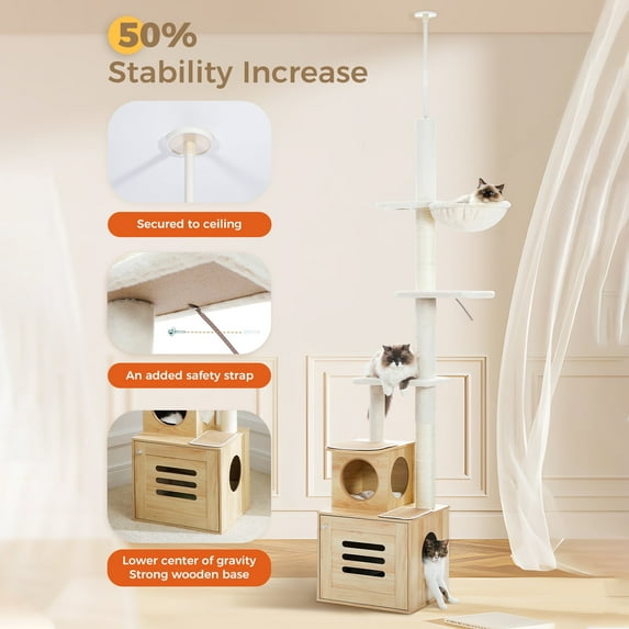 Pefilos 90"-110" Adjustable Cat Tree Tower Floor-to-Ceiling Cat Activity Center with Sisal Scratching Post and Cat Condo with Litter Box, Beige