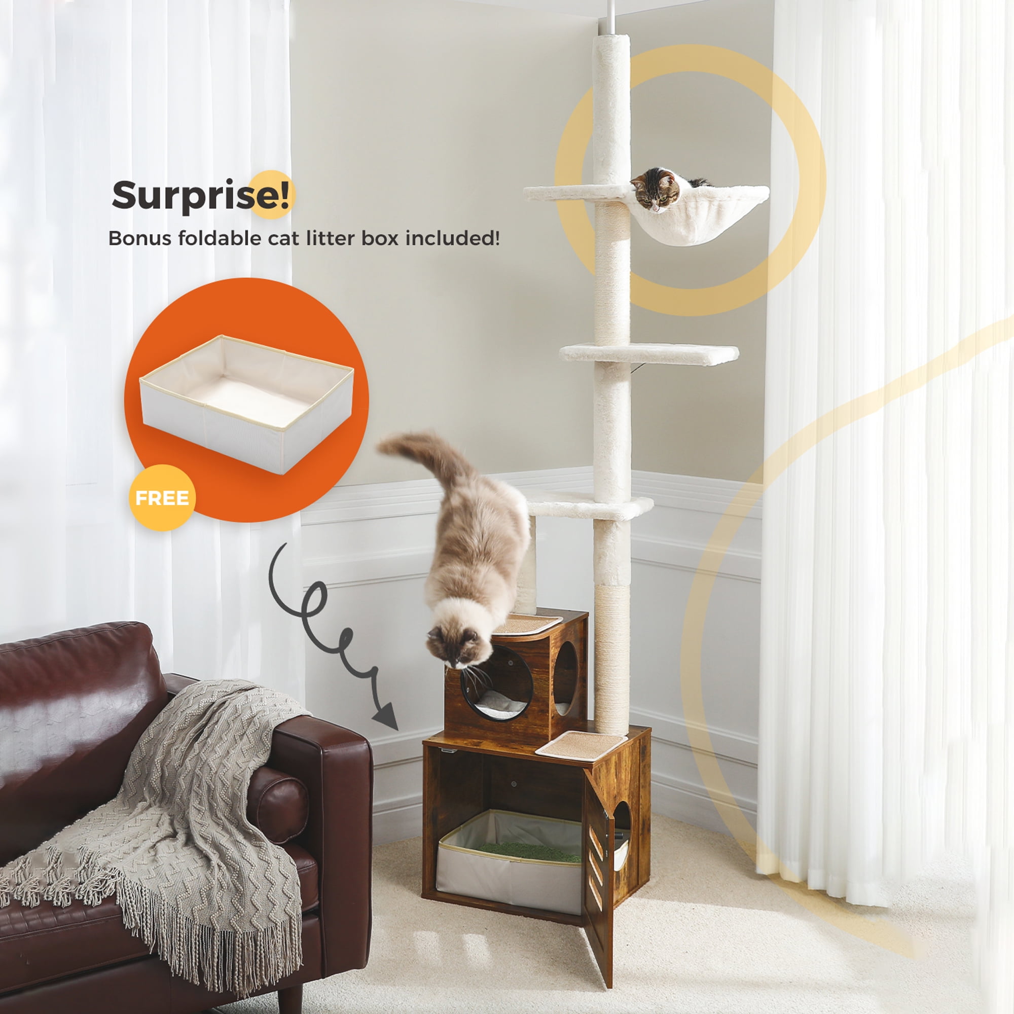 Pefilos 90"-110" Adjustable Cat Tree Tower Floor-to-Ceiling Cat Activity Center with Sisal Scratching Post and Cat Condo with Litter Box, Brown Pefilos 90"-110" Adjustable Cat Tree Tower Floor-to-Ceiling Cat Activity Center with Sisal Scratching Post and Cat Condo with Litter Box, Brown