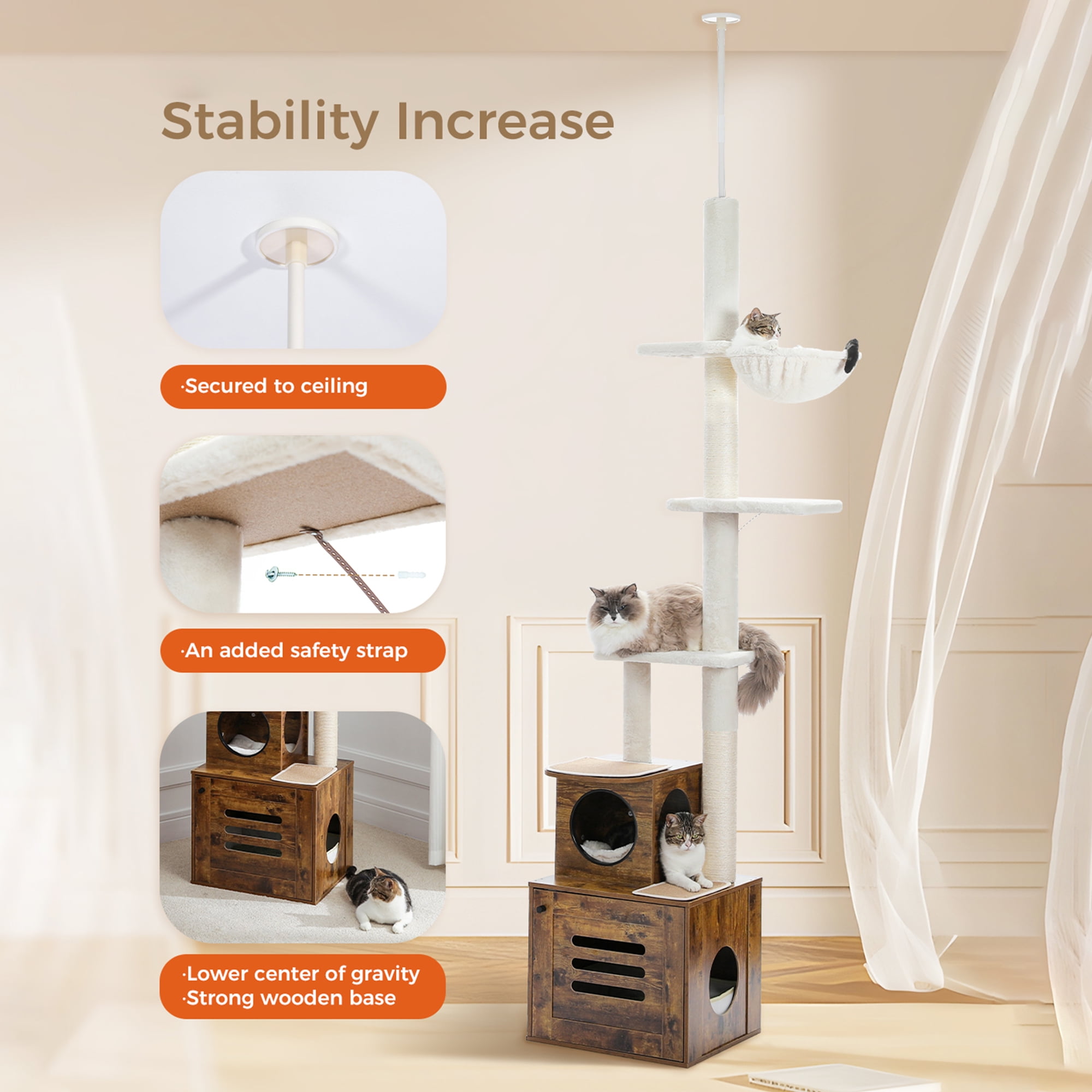Pefilos 90"-110" Adjustable Height Cat Tree Tower Floor-to-Ceiling, Multi-Level Cat Activity Center, Cat Condo with Litter Box Enclosure, Brown Pefilos 90"-110" Adjustable Height Cat Tree Tower Floor-to-Ceiling, Multi-Level Cat Activity Center, Cat Condo with Litter Box Enclosure, Brown