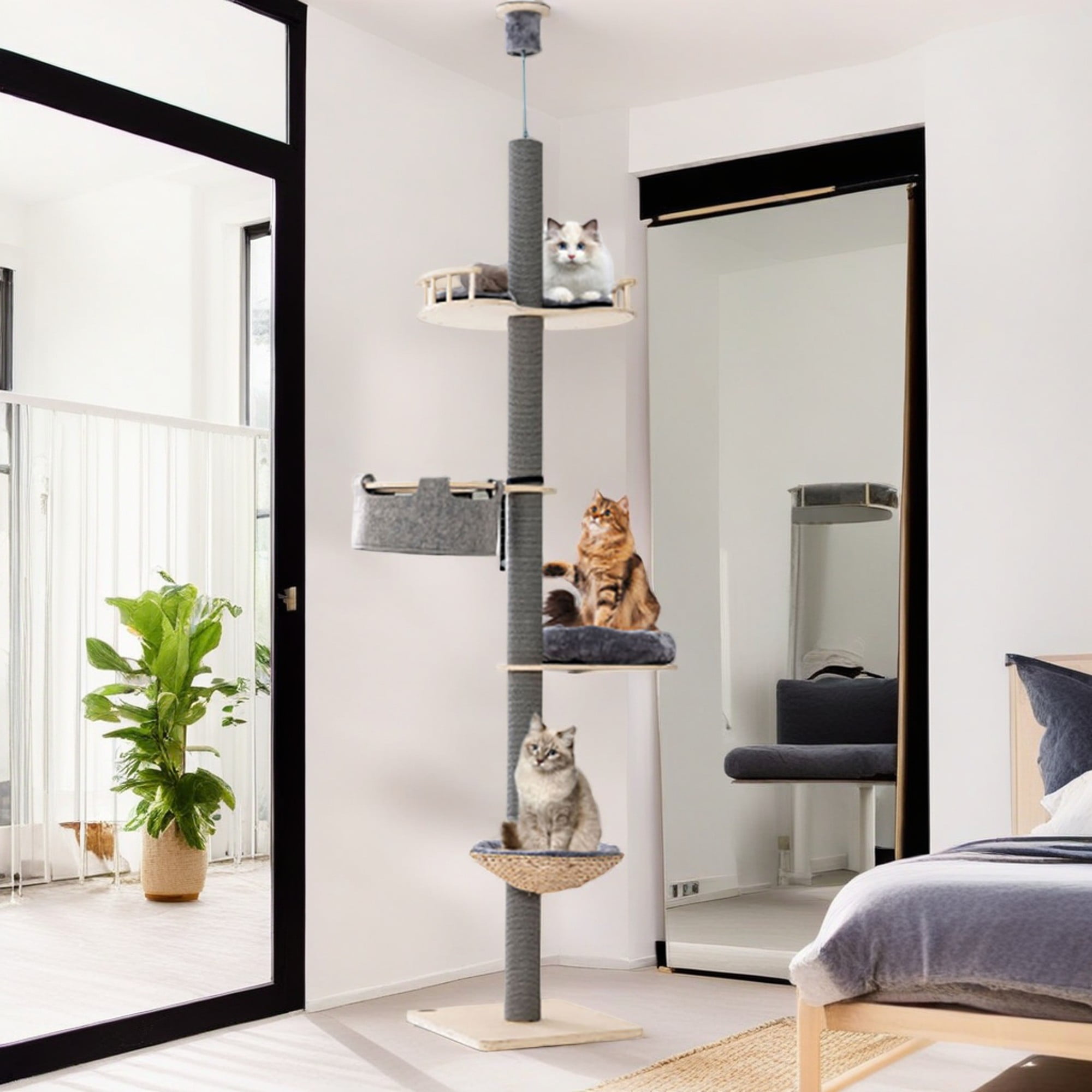 Pefilos 93"-107" Adjustable Height Floor to Ceiling Cat Tree Tower with 4-Tiers for Climbing, Modern Cat Tree for Indoor Cats, Gray Pefilos 93"-107" Adjustable Height Floor to Ceiling Cat Tree Tower with 4-Tiers for Climbing, Modern Cat Tree for Indoor Cats, Gray