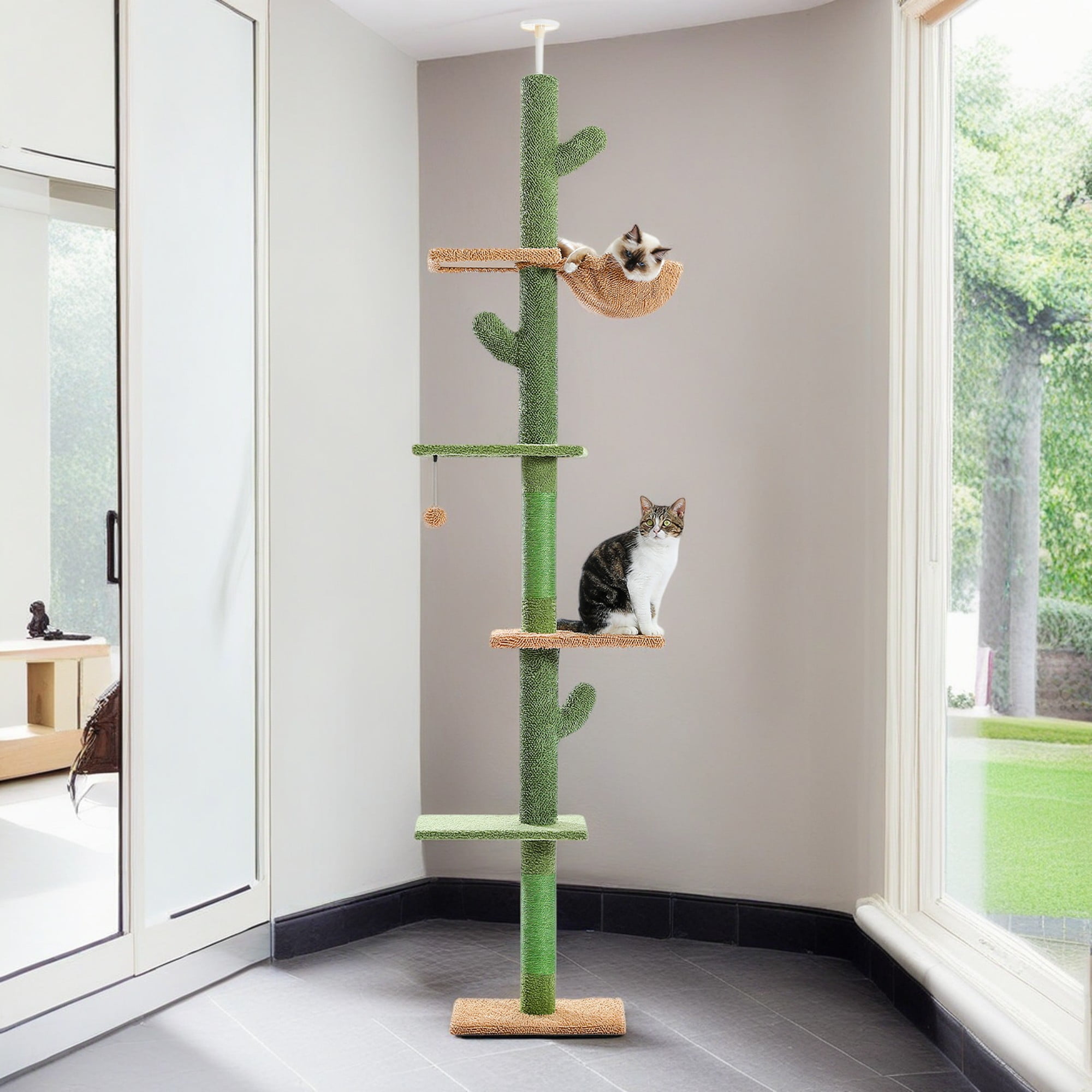 Pefilos 95"-108" Adjustable Height Cactus Cat Tree for Indoor Cats, Modern Floor to Ceiling Cat Tower, 5 Level Cat Climbing Tree, Green