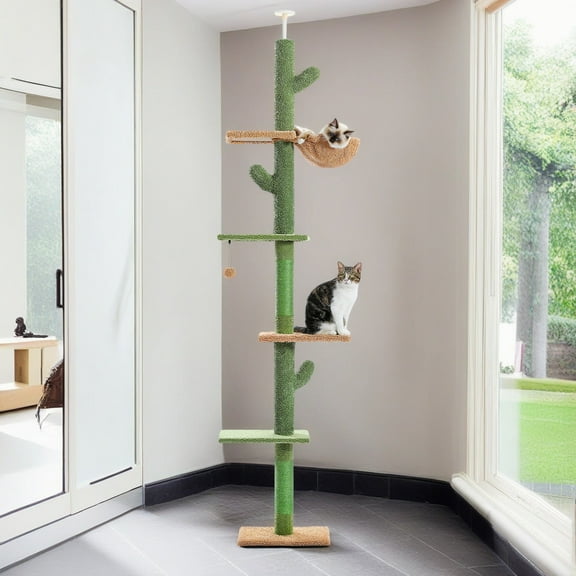 Pefilos 95"-108" Adjustable Height Cactus Cat Tree for Indoor Cats, Modern Floor to Ceiling Cat Tower, 5 Level Cat Climbing Tree, Green