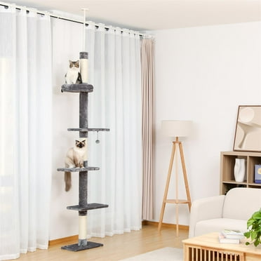 Pefilos Adjustable 90"-108" Tall Cat Tree for Indoor Cats, Multilevel Cat Tower with Sisal Scratching Posts, Floor-to-Ceiling Cat Condo for Adult Cats, Gray