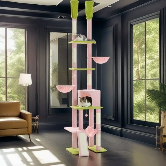 Pefilos Adjustable Height (85"-112") Cat Tree Tower for Indoor Cats, Floor to Ceiling with 7 Tiers Cat Climbing Activity Center, Hammocks, 5 Platforms, Pink