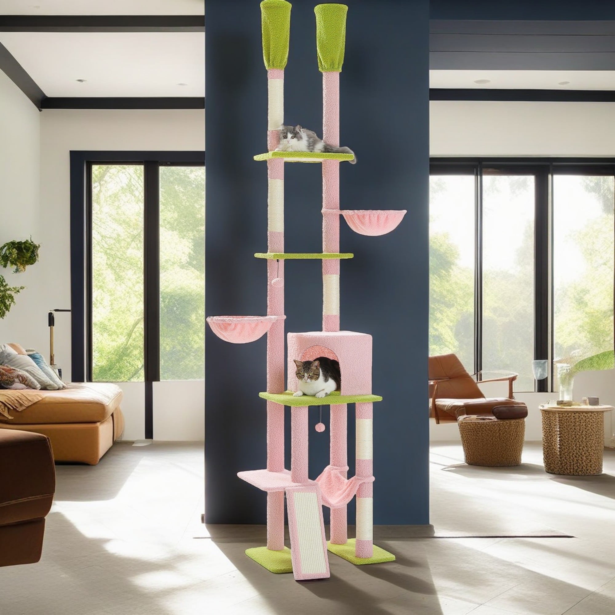 Pefilos Adjustable Height(85-112 in) Cat Tree Tower Floor to Ceiling with 7 Tiers Cat Climbing Activity Center, Cozy Hammocks, 5 Platforms for Indoor Cats, Pink
