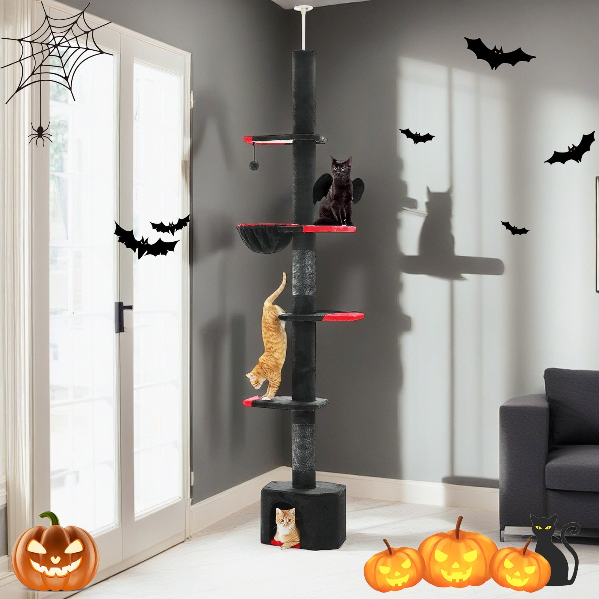 Pefilos Adjustable Height 86"-120" Gothic Cat Tree with Sisal Covered Scratching Post, Hammock, Floor to Ceiling Cat Tree Tower, Black