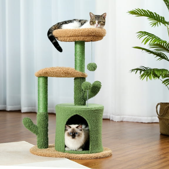 Pefilos Cactus Cat Tree for Adult Cats Cat Tower with Warmy Cat Condo for Senior Cats, Plush Perches, Sisal Scratching Post and Fluffy Balls for Small and Medium Cat Tree for Indoor Cats