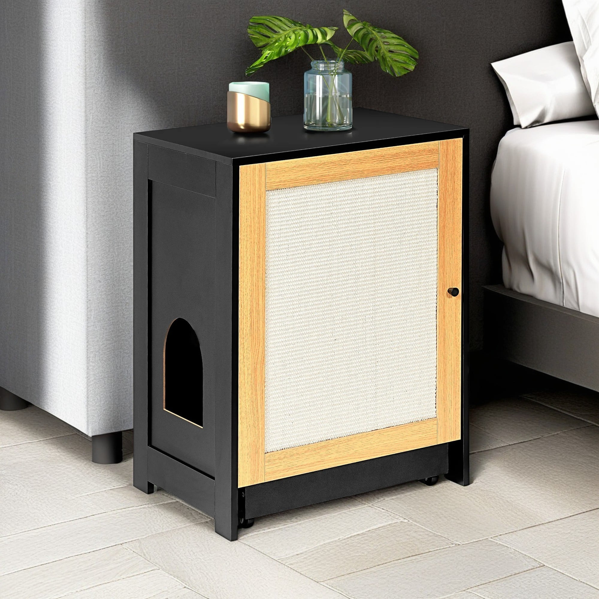 Pefilos 31" Cat Litter Box Enclosure, Cat Litter House with Sisal Doors, Spacious Hidden Cat Washroom for Most of Litter Box, Cat Furniture Cabinet, Black