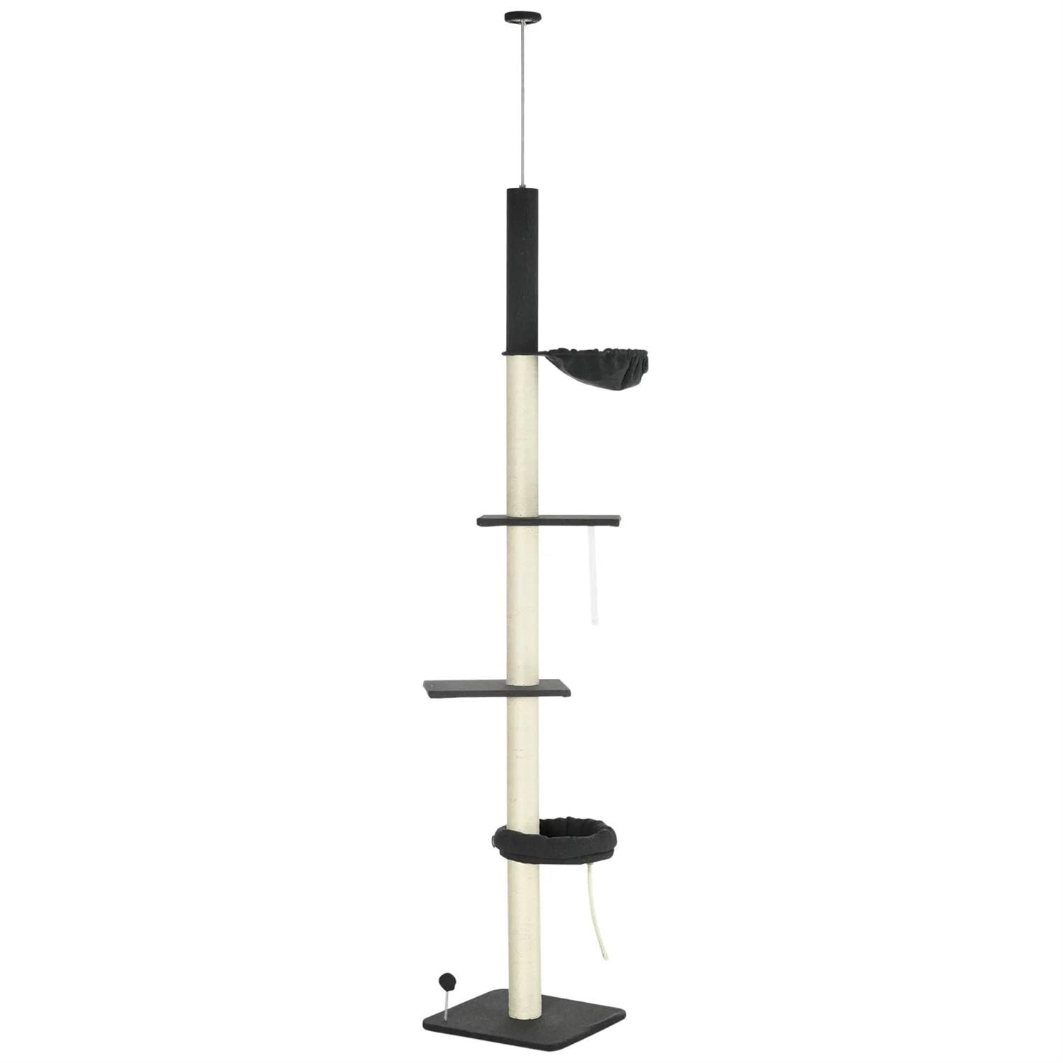 Pefilos Cat Tower 5-Tier Floor to Ceiling Cat Tree Height (95"-106") Adjustable, Tall Climbing Tree with Scratching Post, Cozy Bed, Interactive Ball Toy for Indoor Kitten, Beige
