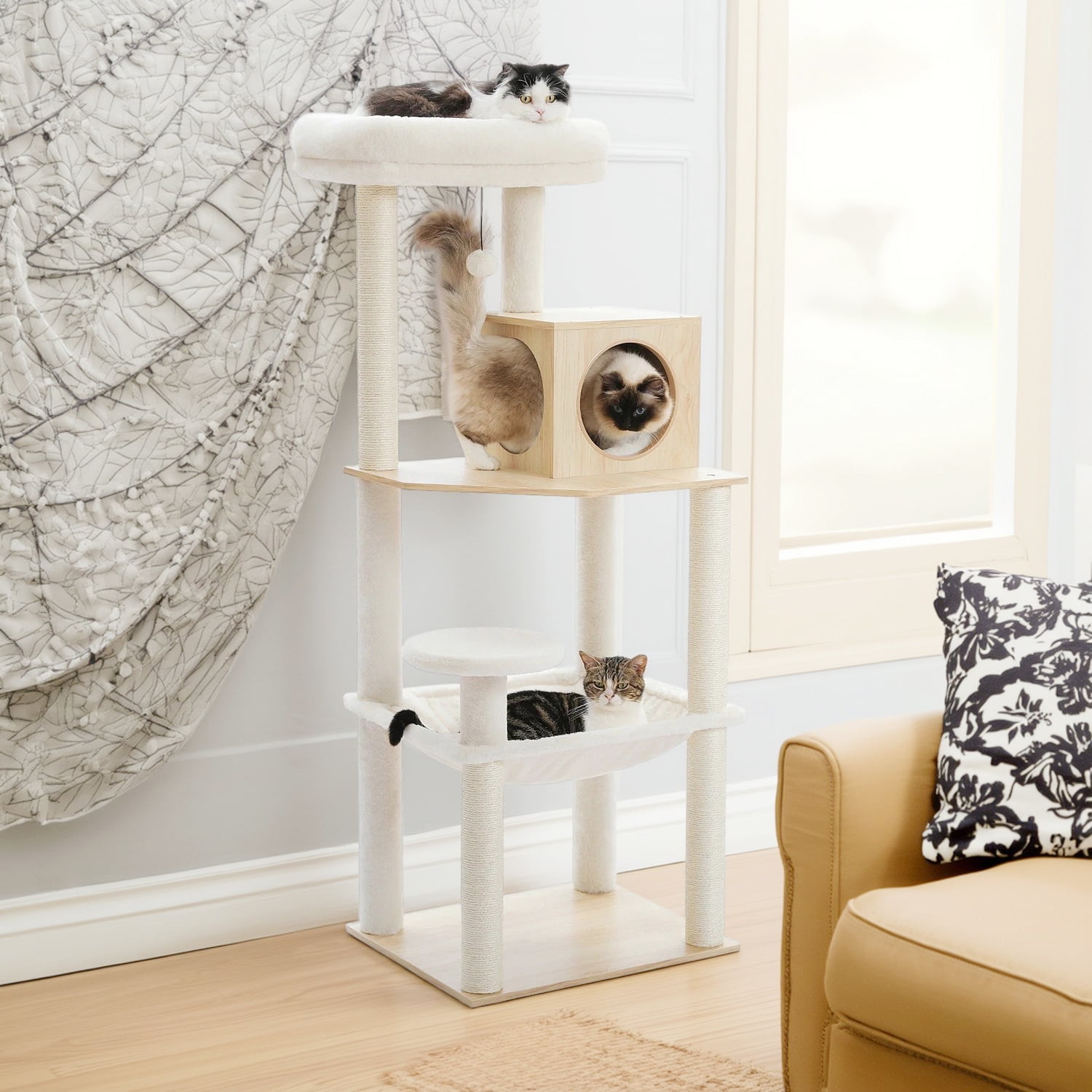 Pefilos 56" Cat Tree Tower for Indoor Cats, Modern Wood Cat Condo with Scratching Post for Large Cats Climbing, Multi-Level Cat Tree House, Beige