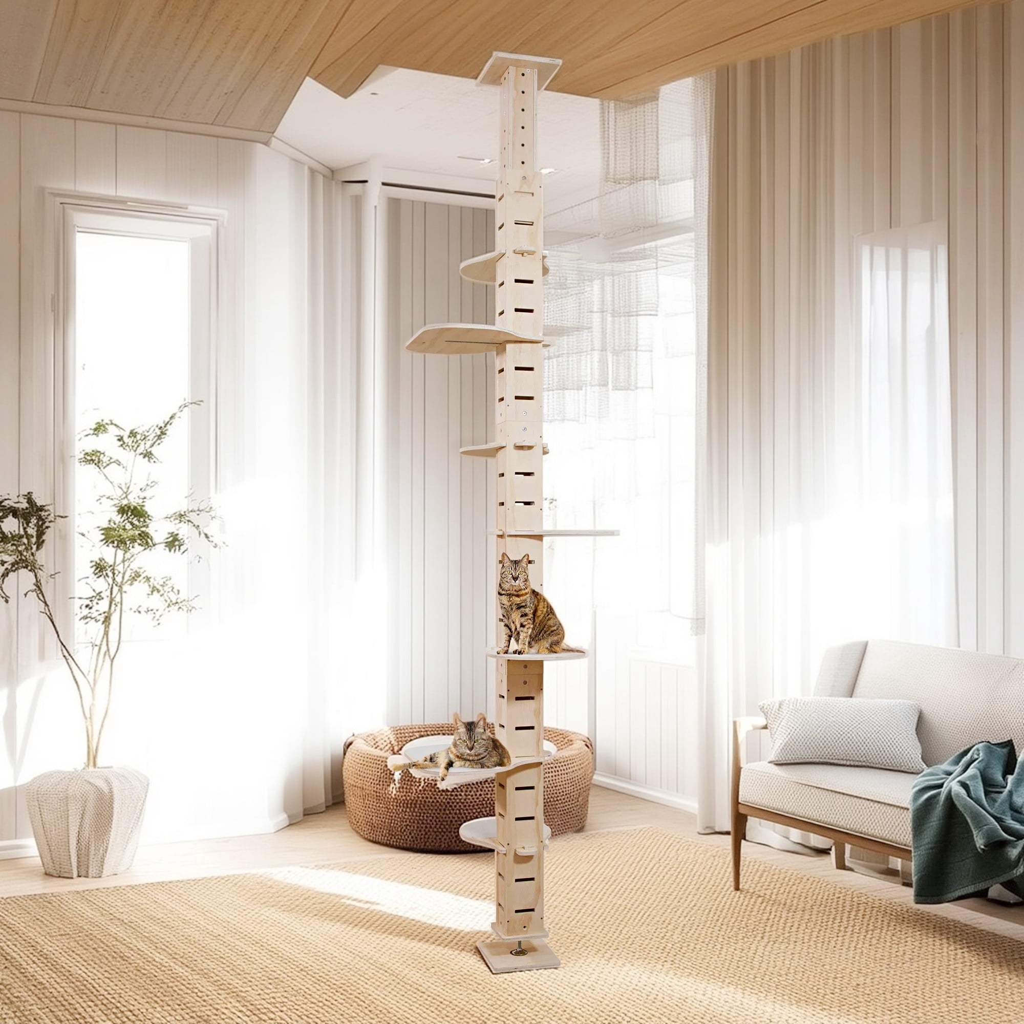Pefilos Cat Tree Tower for Indoor Cats, Floor to Ceiling Cat Condo for Large Cats Tall Adjustable (98"-114"), Adult Cat Height Kitty Climbing Activity Center, Beige