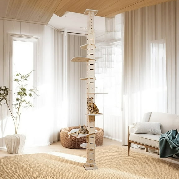 Pefilos Cat Tree Tower for Indoor Cats, Floor to Ceiling Cat Condo for Large Cats Tall Adjustable (98"-114"), Adult Cat Height Kitty Climbing Activity Center, Beige
