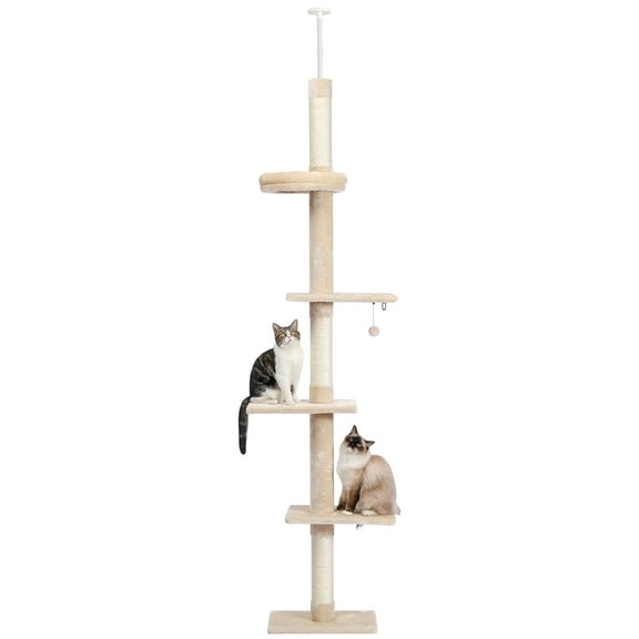 Pefilos Cat Tree Tower Interactive Adjustable 90"-108" Tall, 5-Tier Floor to Ceiling Cat Tower for Indoor Cats, Beige