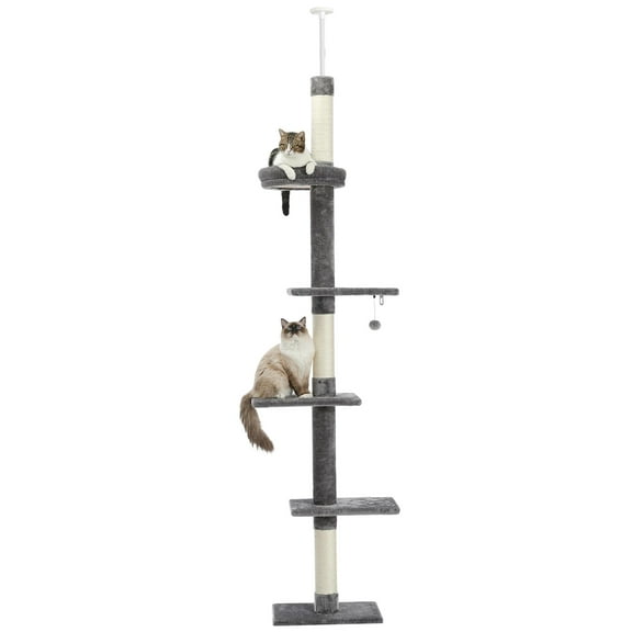 Pefilos Cat Tree Tower Interactive Adjustable 90"-108" Tall, 5-Tier Floor to Ceiling Cat Tower for Indoor Cats, Gray