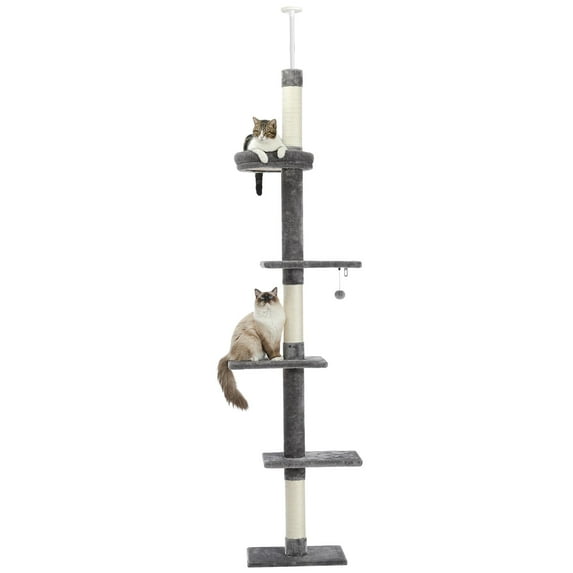 Pefilos Cat Tree Tower Interactive Adjustable 90"-108" Tall, 5-Tier Floor to Ceiling Cat Tower for Indoor Cats, Gray