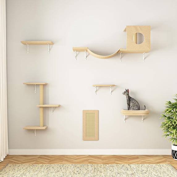 Pefilos Cat Wall Shelves and Perches Set of 6 with Cat Perch, Indoor Cat Condo for Sleeping Playing Lounging Climbing Cat Tree House, Beige