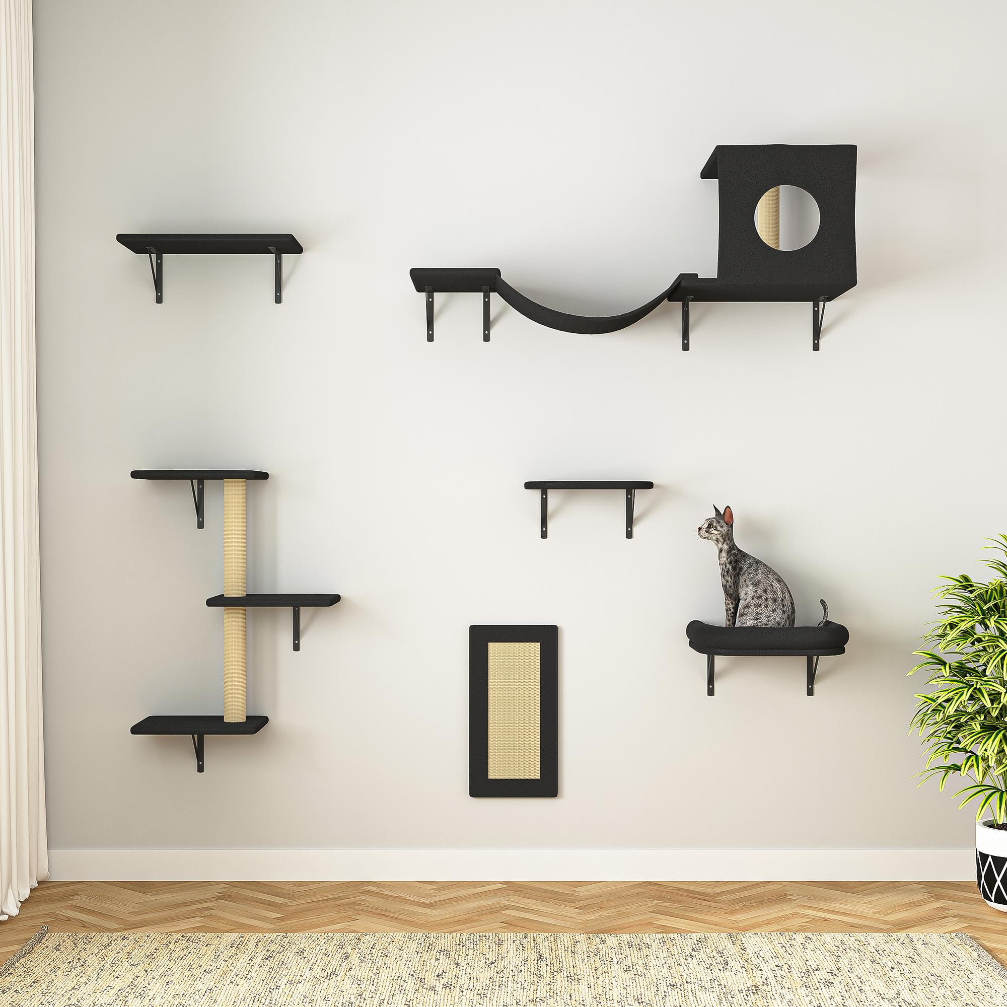 Pefilos Cat Wall Shelves and Perches Set of 6 with Cat Perch, Indoor Cat Condo for Sleeping Playing Lounging Climbing Cat Tree House, Black Pefilos Cat Wall Shelves and Perches Set of 6 with Cat Perch, Indoor Cat Condo for Sleeping Playing Lounging Climbing Cat Tree House, Black