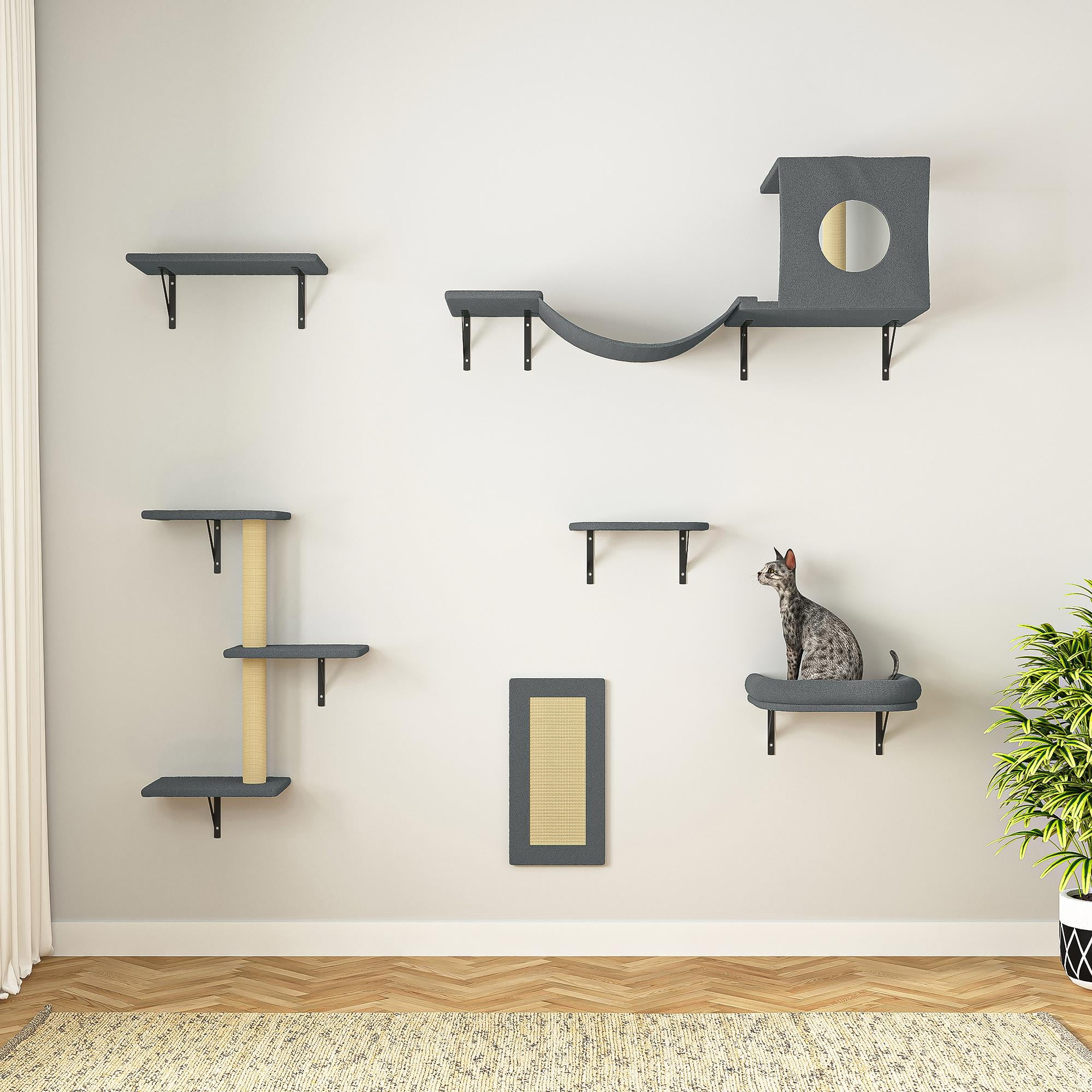 Pefilos Cat Wall Shelves and Perches Set of 6 with Cat Perch, Indoor Cat Condo for Sleeping Playing Lounging Climbing Cat Tree House, Gray Pefilos Cat Wall Shelves and Perches Set of 6 with Cat Perch, Indoor Cat Condo for Sleeping Playing Lounging Climbing Cat Tree House, Gray